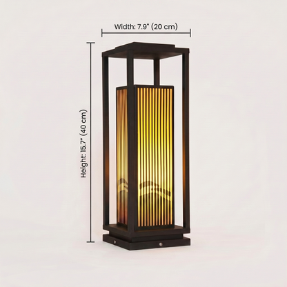 Black metal LED solar outdoor lantern dimensions graphic on white background