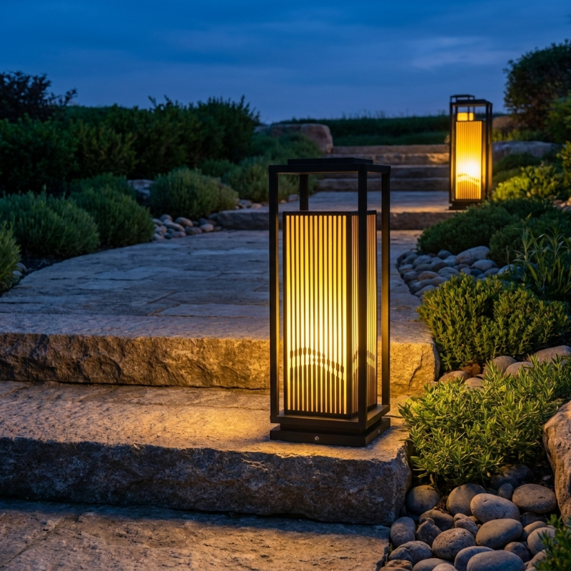 Black metal LED solar outdoor lantern on stone steps in landscaped garden
