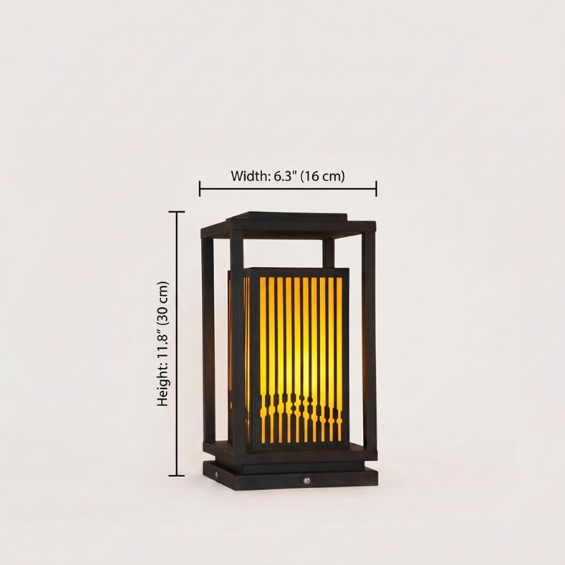 Black metal LED solar outdoor lantern dimensions graphic on white background