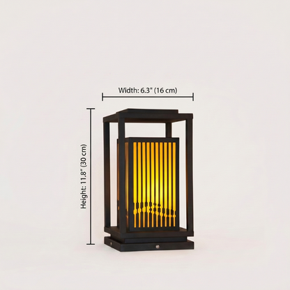 Black metal LED solar outdoor lantern dimensions graphic on white background