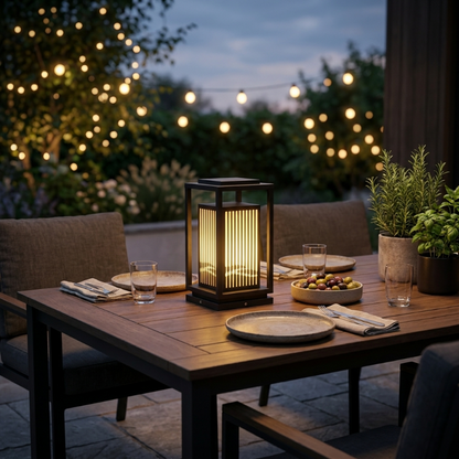 Black metal LED solar outdoor lantern on outdoor dining table with string lights