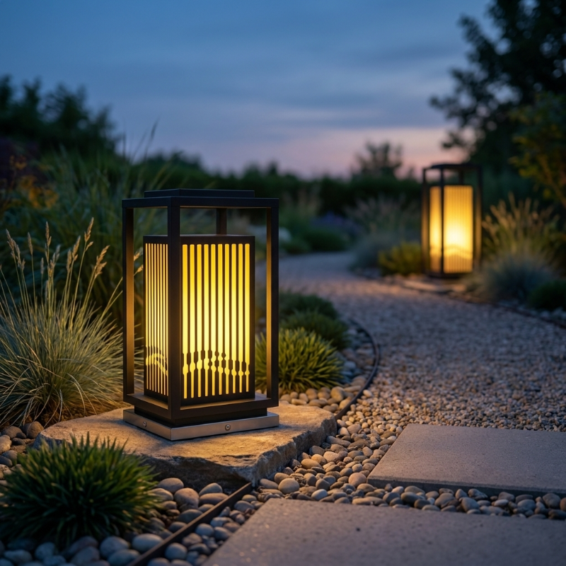 Black metal LED solar outdoor lantern on garden path at twilight