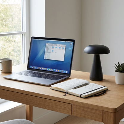 Metallic mushroom table lamp in black on desk beside laptop