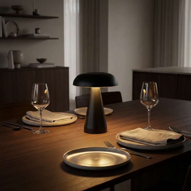 Metallic mushroom table lamps in black and gold on dining table
