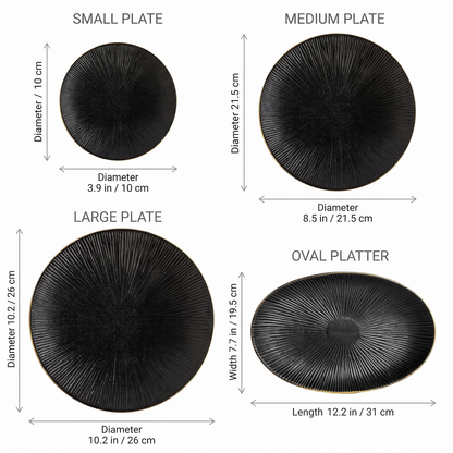 Black ribbed ceramic dinner plates dimensions diagram showing small 3.9 in / 10 cm, medium 8.5 in / 21.5 cm, large 10.2 in / 26 cm, and oval platter 12.2 x 7.7 in / 31 x 19.5 cm