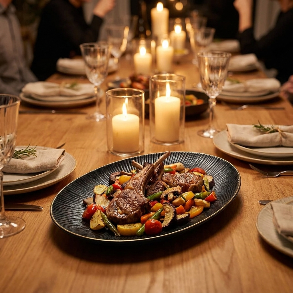 Black ribbed ceramic plates with gold rims on a candlelit dinner table