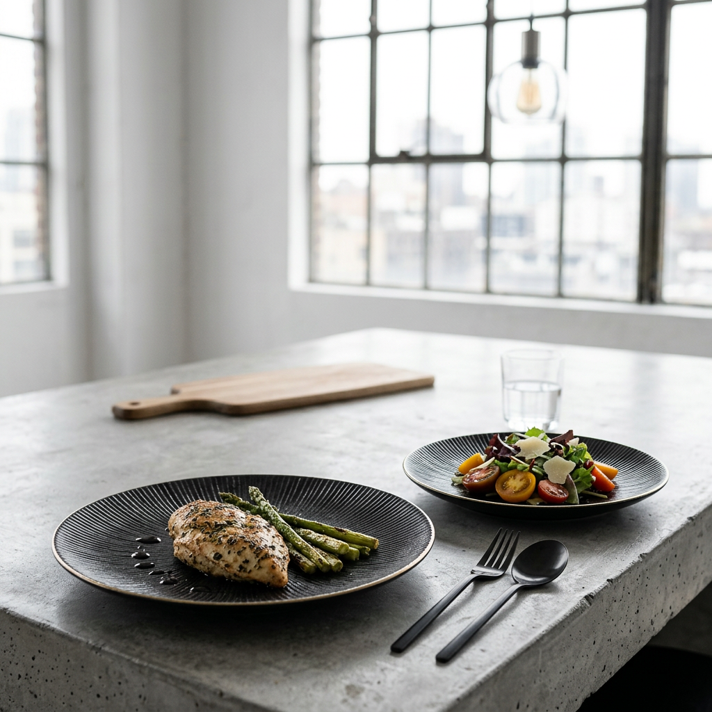 Black ribbed ceramic plate with gold rim holding a plated chicken dish on a concrete table