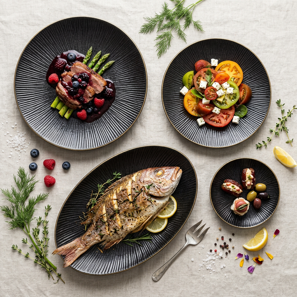 Flat lay of the black ribbed ceramic dinner plate set with gold rims holding fish, salad, and dessert