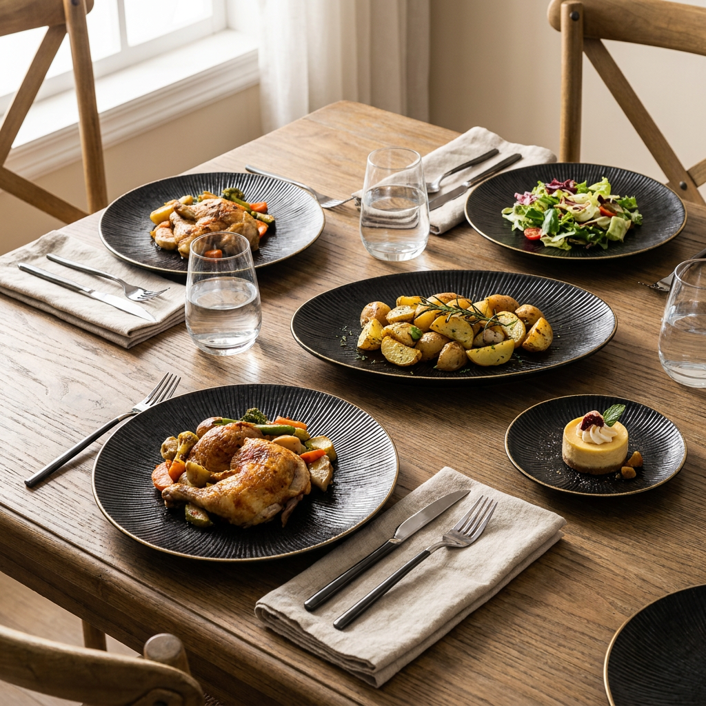 Black ribbed ceramic dinner plates with gold rims set on a dining table with a roast chicken dinner