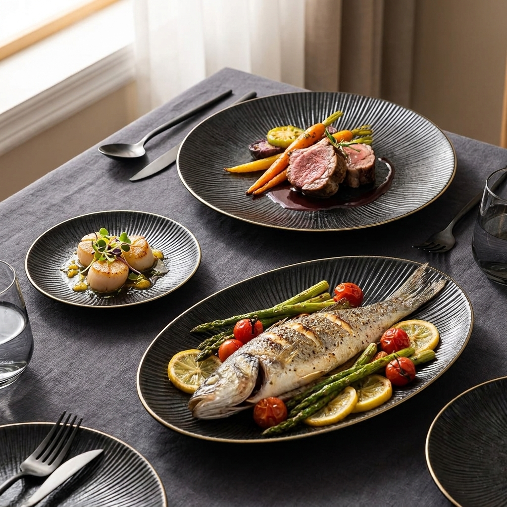 Black ribbed ceramic plates with gold rims plated with an elegant dinner on a dark linen table