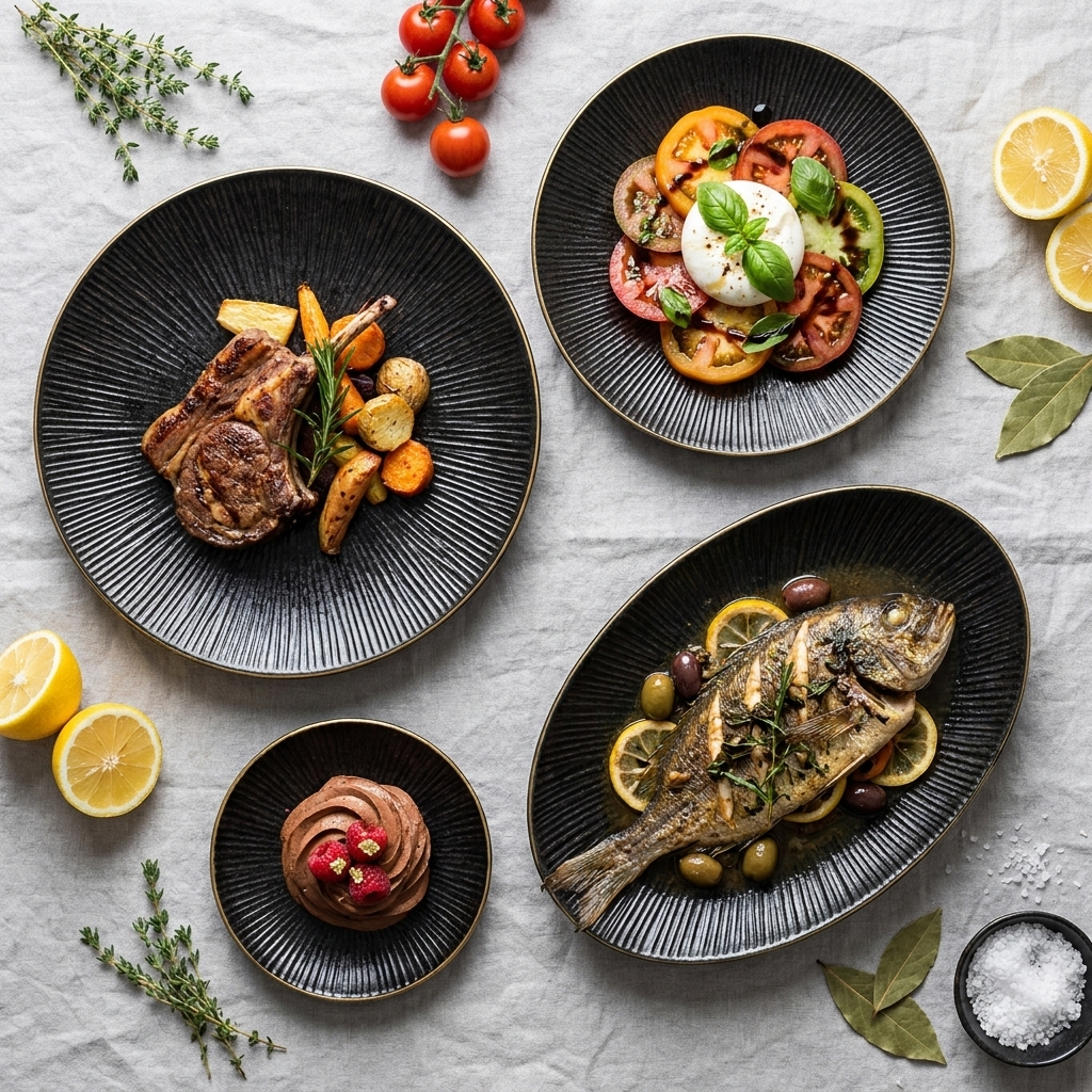 Black ribbed ceramic plates with gold rims in a marble flat lay with lamb, tomato salad, and fish