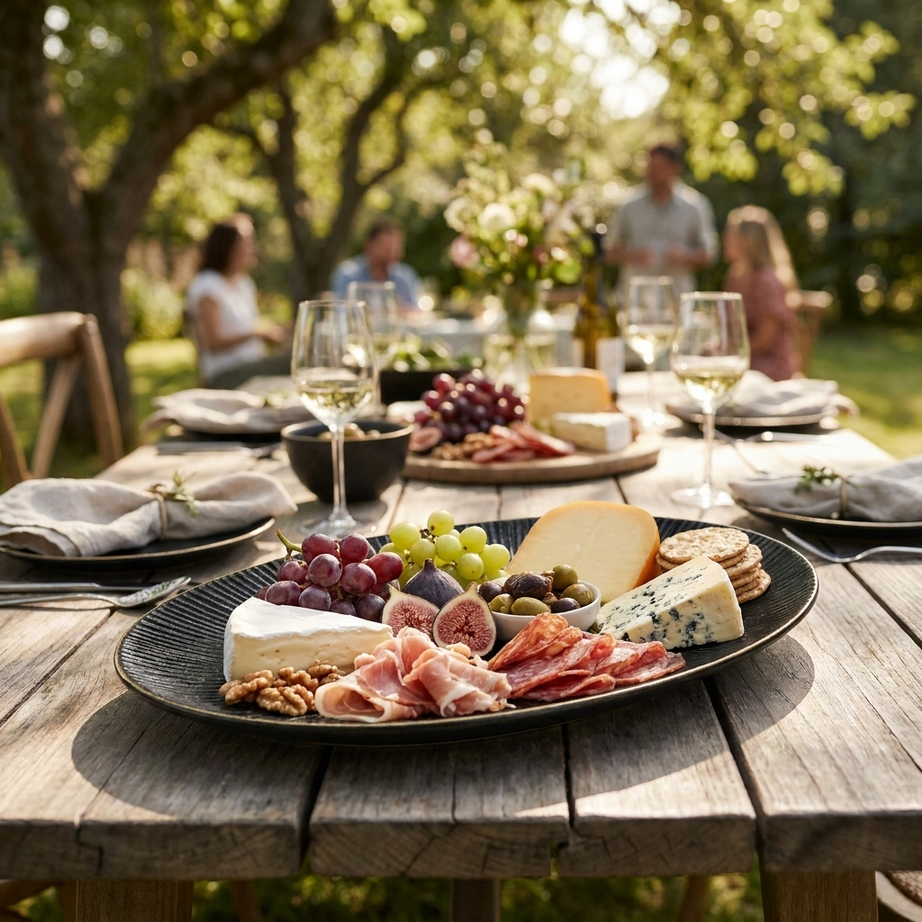 Black ribbed ceramic plates with gold rims holding a charcuterie spread at an outdoor gathering