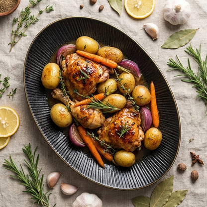 Overhead view of a black ribbed ceramic oval platter with gold rim holding roast chicken and vegetables