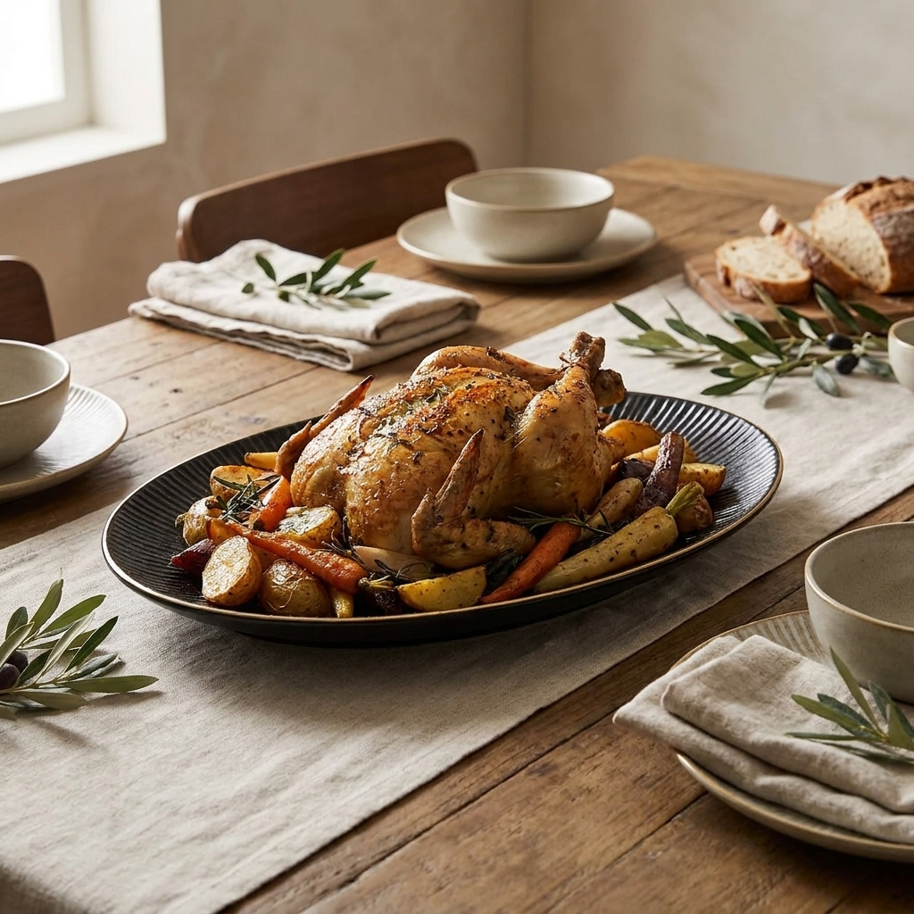 Black ribbed ceramic oval platter with gold rim holding a roast chicken on a rustic table
