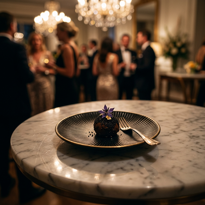 Black ribbed ceramic plate with gold rim holding a dessert at an elegant gathering