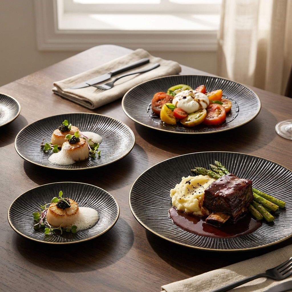Black ribbed ceramic plates with gold rims as a layered place setting with plated dishes