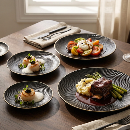 Black ribbed ceramic plates with gold rims as a layered place setting with plated dishes