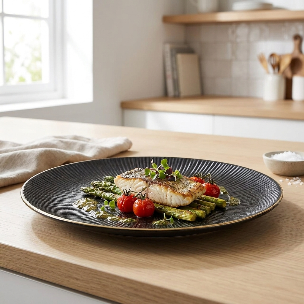 Single black ribbed ceramic plate with gold rim holding plated fish in a bright kitchen