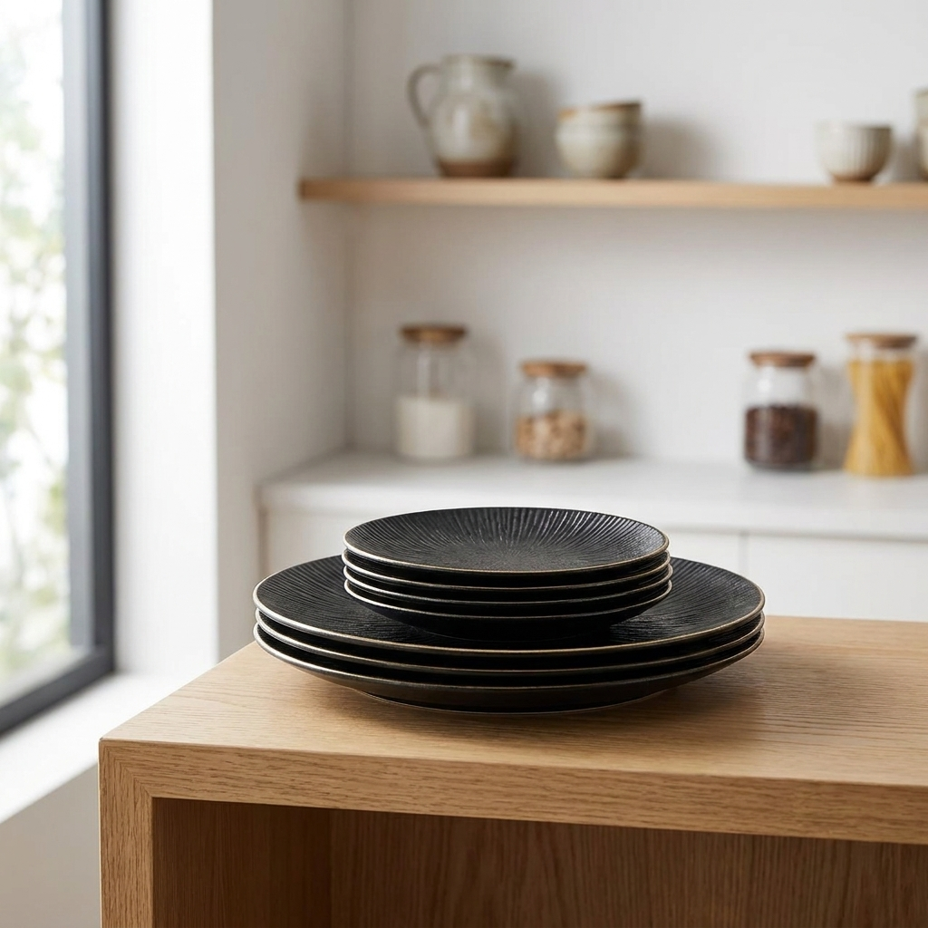 Stack of black ribbed ceramic plates with gold rims on a wood surface