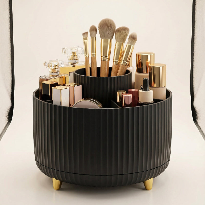 Black rotating makeup organizer for brushes, skincare, and beauty essentials.