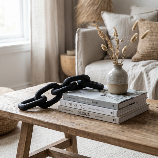 Black wooden decorative chain styled on a wood console with books and a vase in a modern living room
