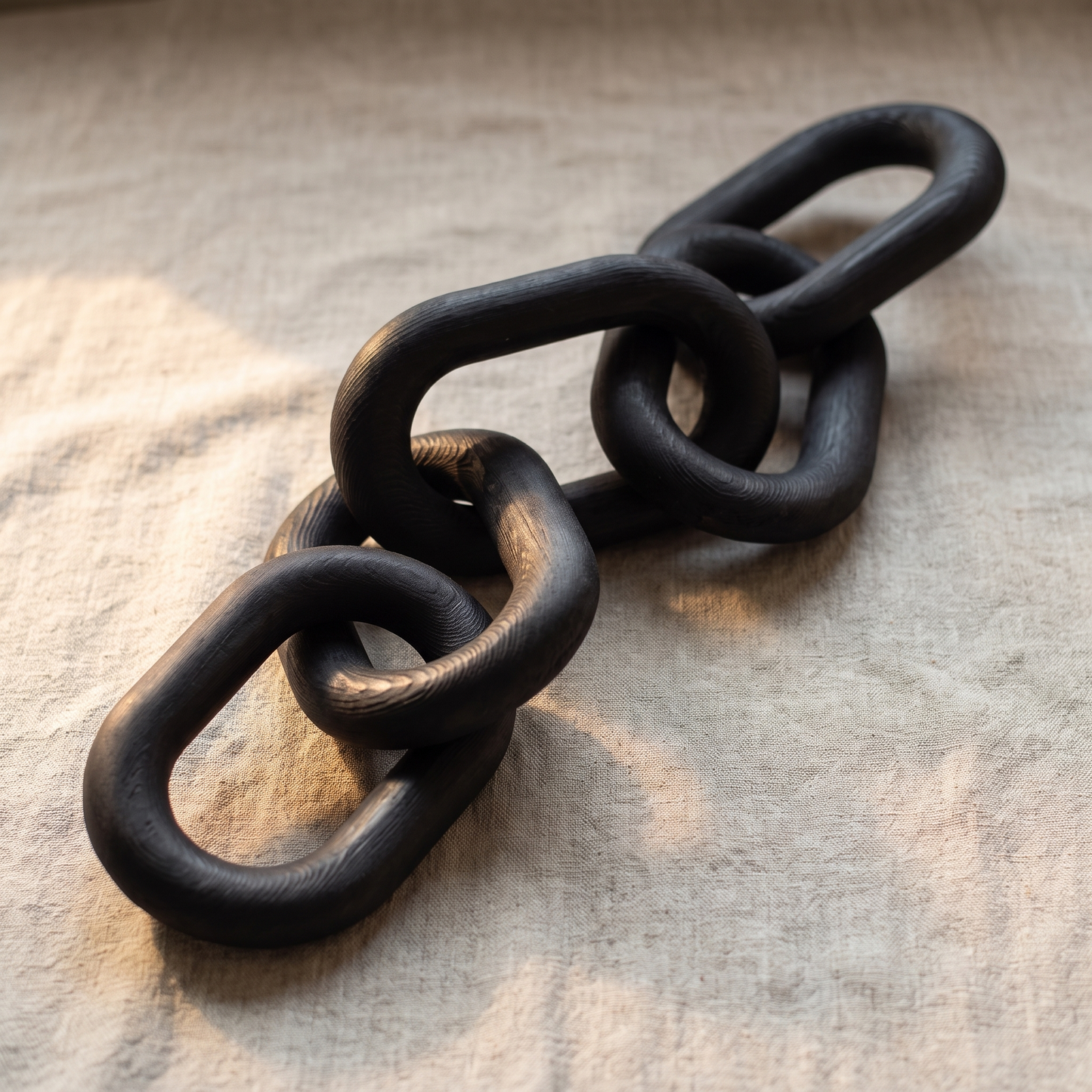 Black wooden decorative chain close-up on a neutral linen surface showing the carved wood grain
