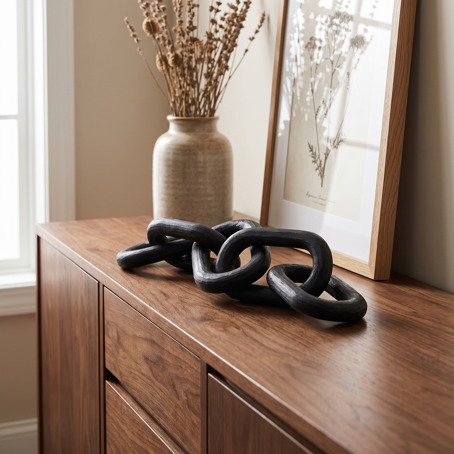 Black wooden decorative chain displayed on a walnut sideboard with a vase of dried stems and framed art