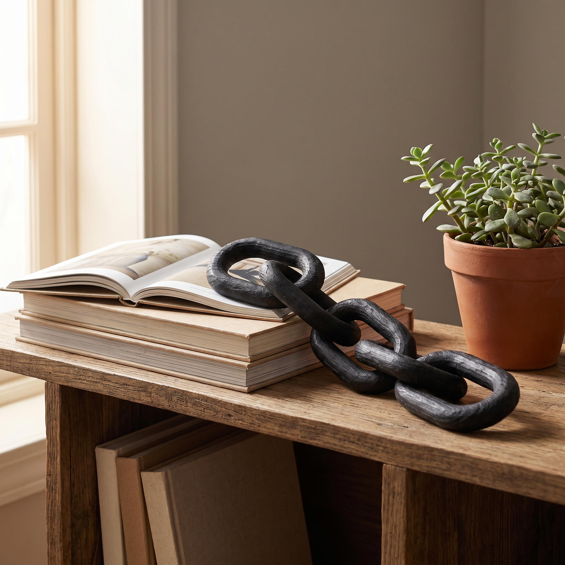 Black wooden decorative chain draped on a wood table beside an open book and a potted plant