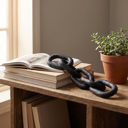 Black wooden decorative chain draped on a wood table beside an open book and a potted plant