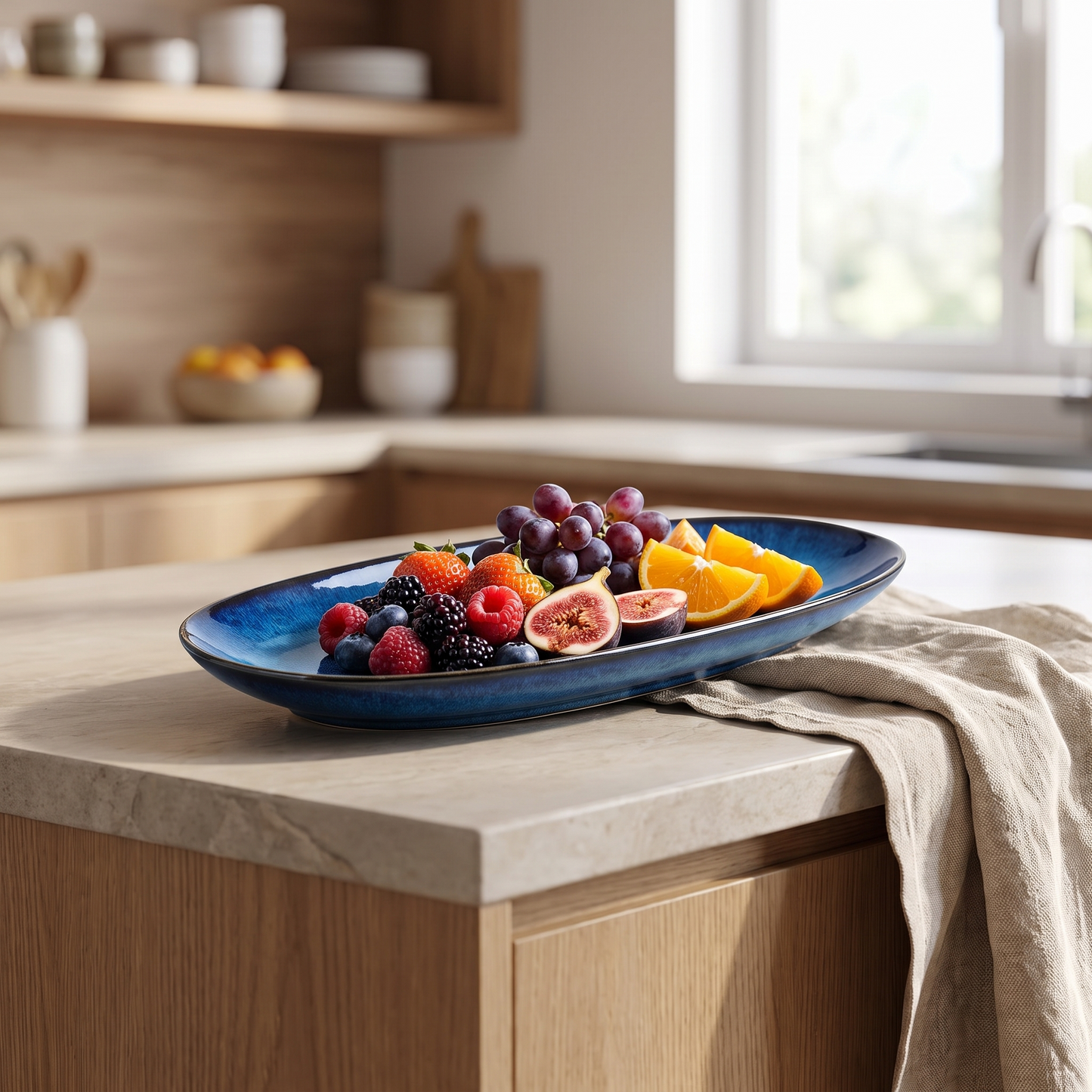 Blue kiln-glazed ceramic serving dish holding fresh fruit on a kitchen counter