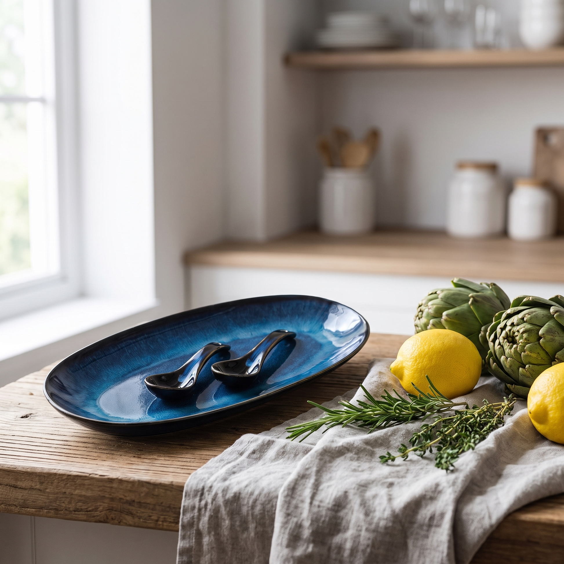 Blue kiln-glazed ceramic serving dish on a wood table by a window with fresh herbs and lemons