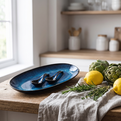 Blue kiln-glazed ceramic serving dish on a wood table by a window with fresh herbs and lemons