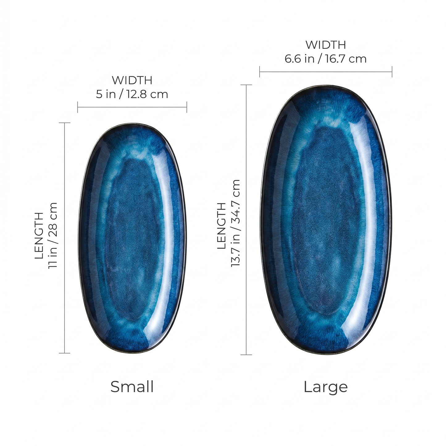 Blue kiln-glazed serving dishes dimensions diagram showing small and large sizes in inches and centimeters