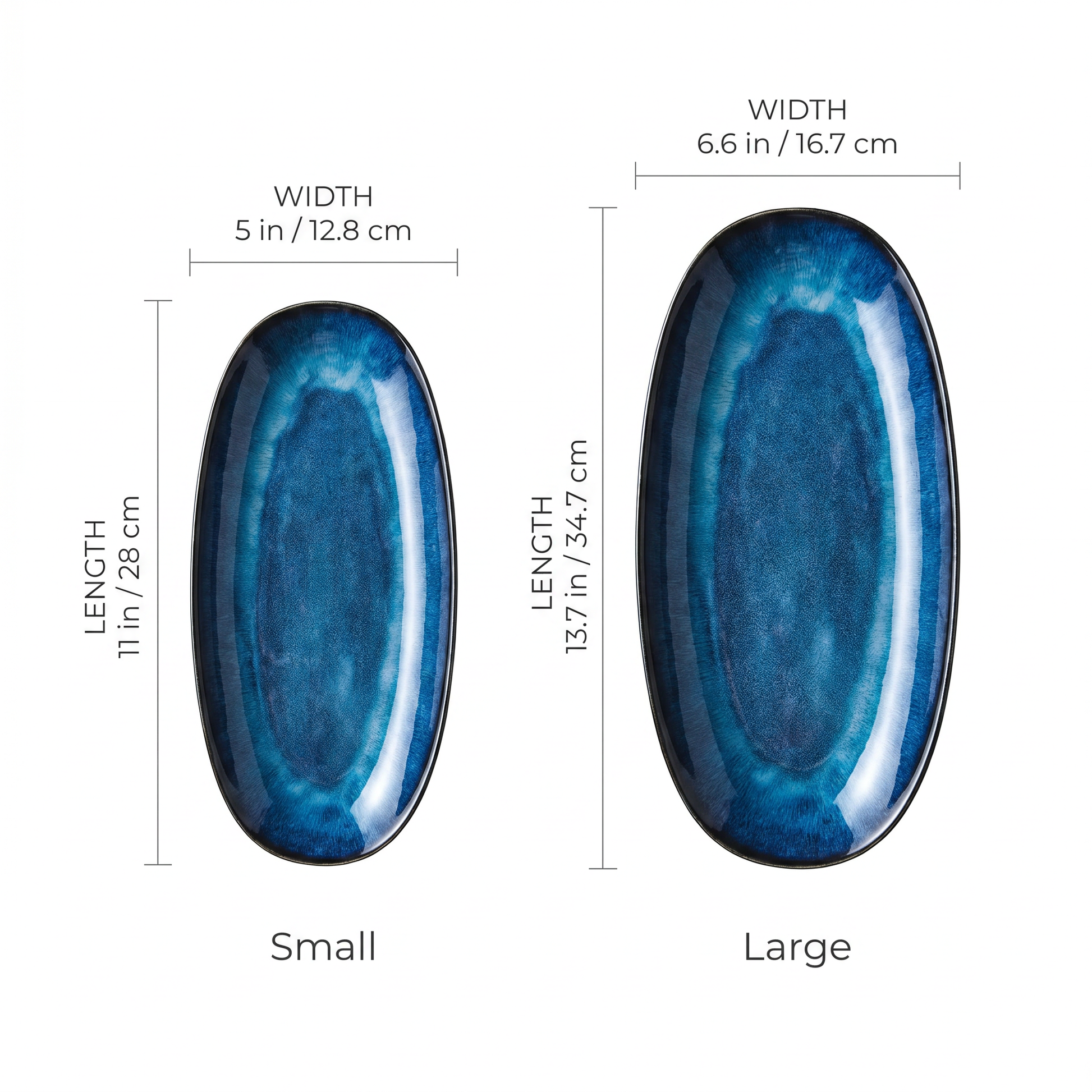 Blue kiln-glazed serving dishes dimensions diagram showing small and large sizes in inches and centimeters