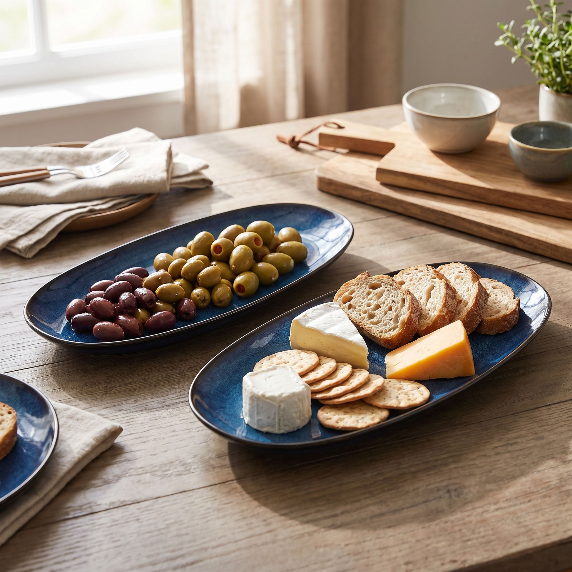 Two blue kiln-glazed ceramic serving dishes holding a charcuterie spread of olives, cheese, and crackers