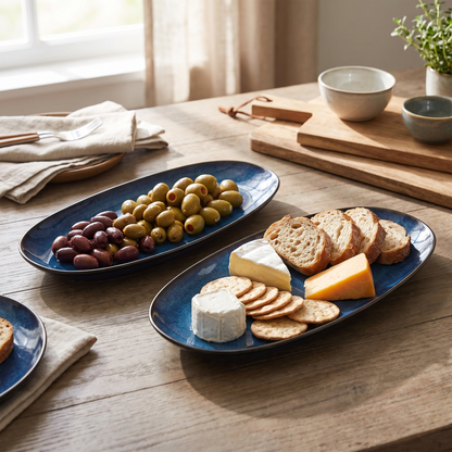 Two blue kiln-glazed ceramic serving dishes holding a charcuterie spread of olives, cheese, and crackers