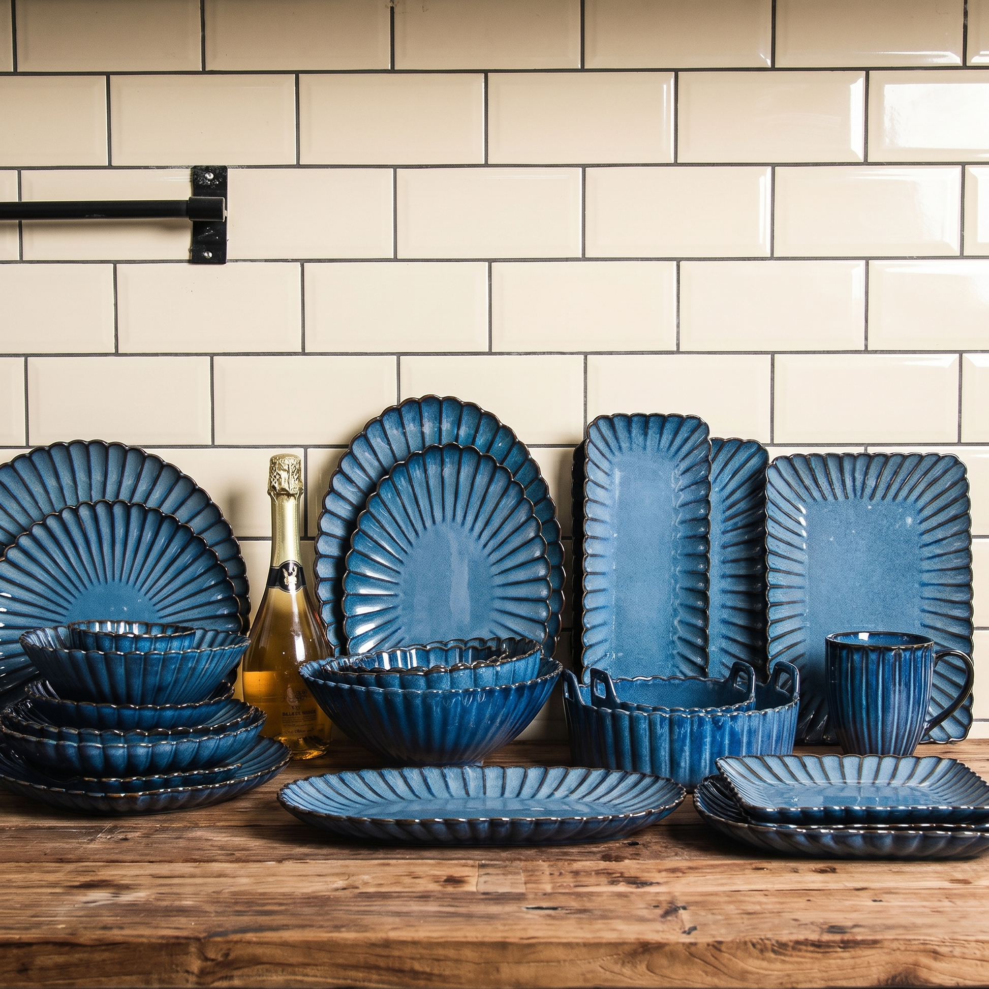 Blue ribbed cobalt ceramic 22-piece dinnerware set by Kiyo Home with plates, bowls, platters and serving dishes