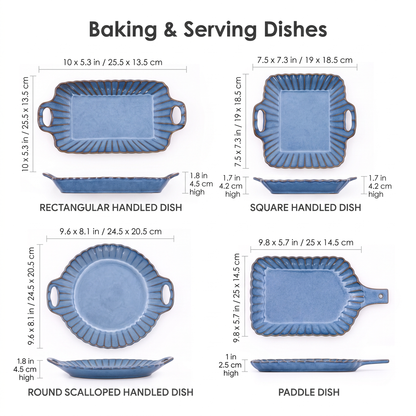Dimensions chart for blue ribbed ceramic handled baking and serving dishes, Kiyo Home 22-piece set