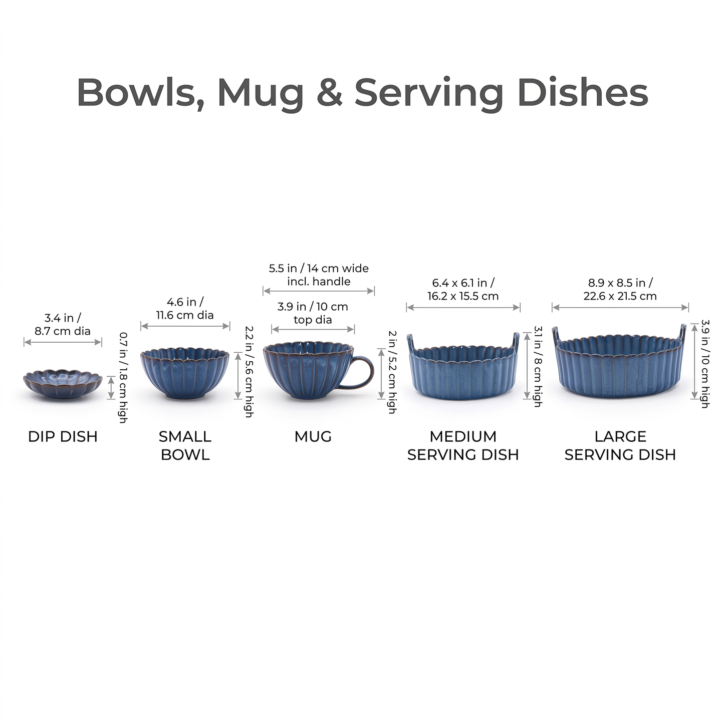 Dimensions chart for blue ribbed ceramic dip dish, bowl, mug and serving dishes, Kiyo Home 22-piece set