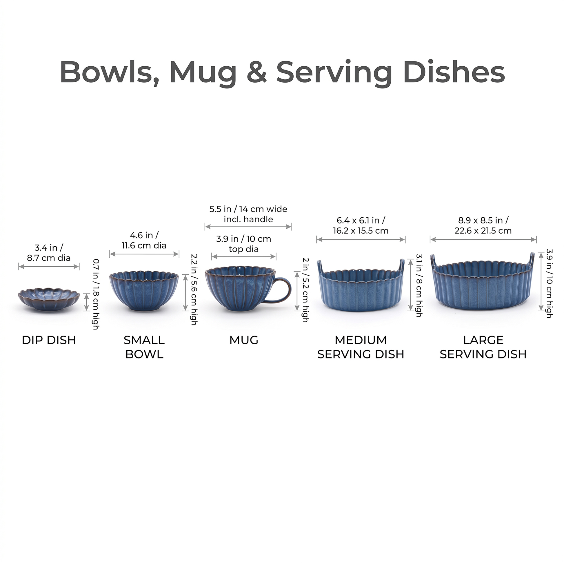 Dimensions chart for blue ribbed ceramic dip dish, bowl, mug and serving dishes, Kiyo Home 22-piece set