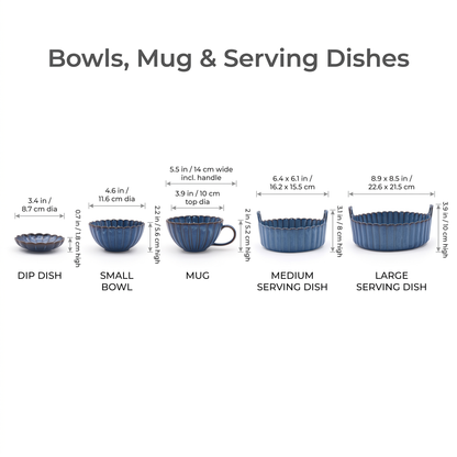 Dimensions chart for blue ribbed ceramic dip dish, bowl, mug and serving dishes, Kiyo Home 22-piece set