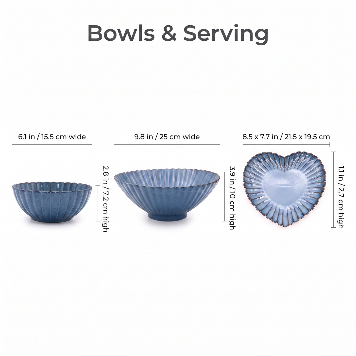 Dimensions chart for blue ribbed ceramic bowl, serving bowl and heart dish, Kiyo Home 22-piece set