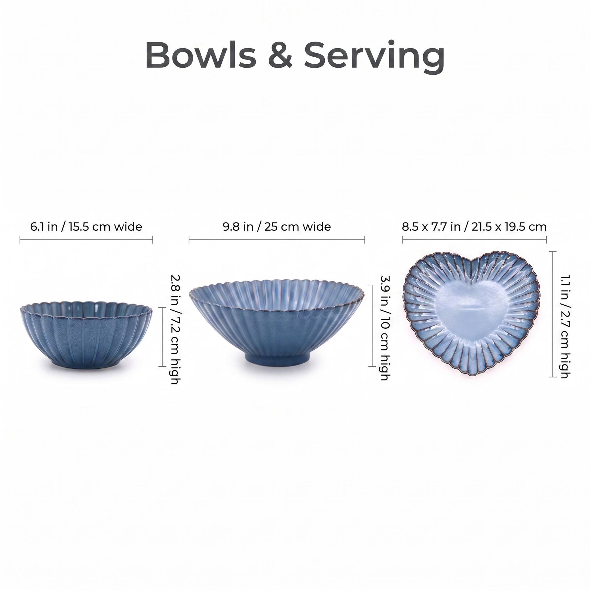 Dimensions chart for blue ribbed ceramic bowl, serving bowl and heart dish, Kiyo Home 22-piece set