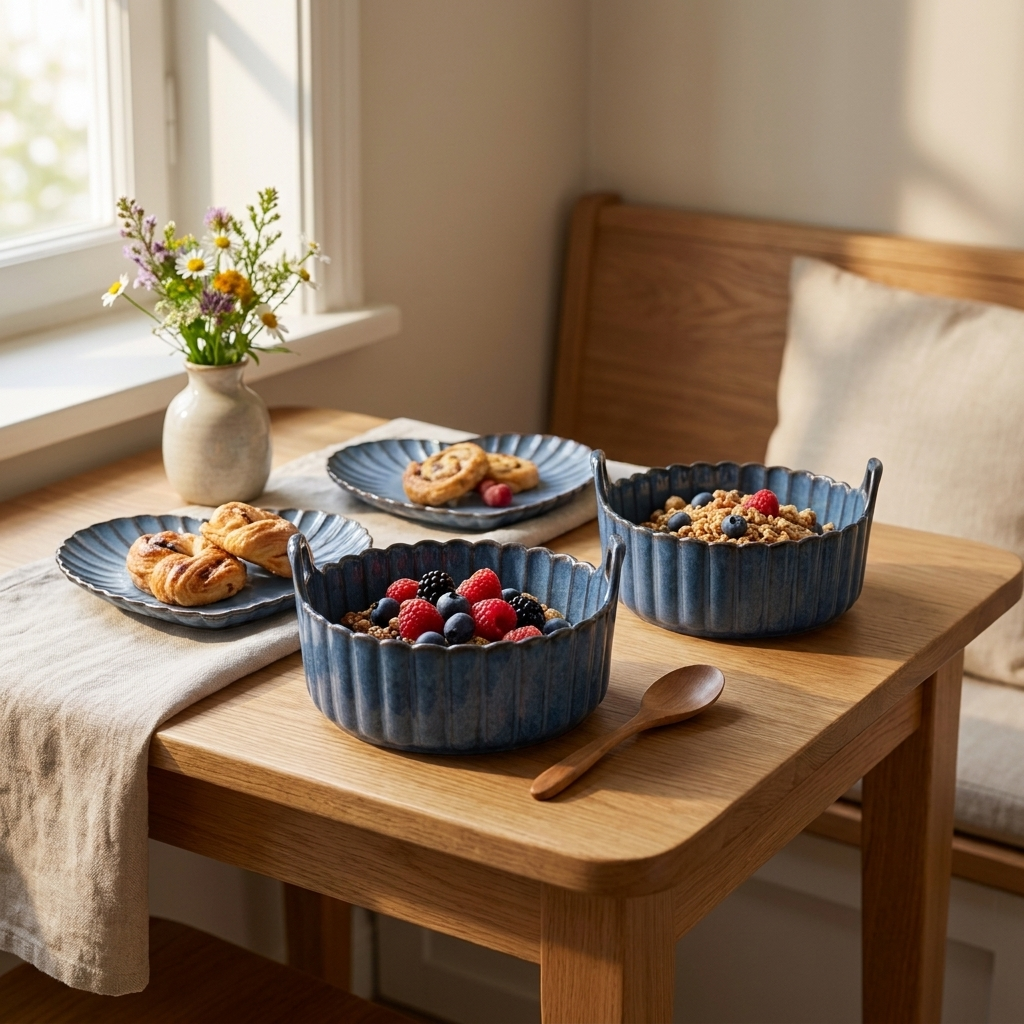 Blue ribbed ceramic bowls with berries and granola on a breakfast table, Kiyo Home 22-piece dinnerware set