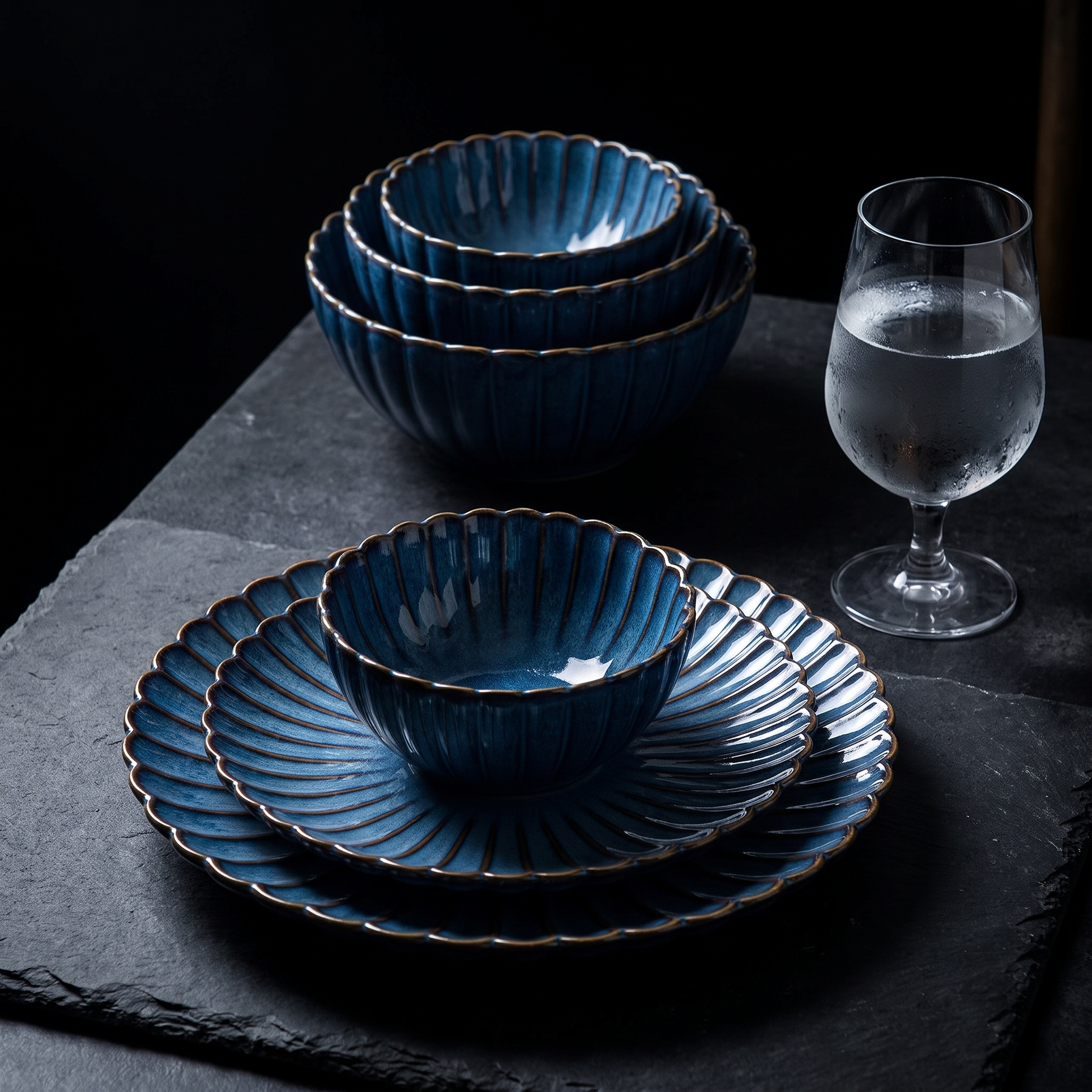 Blue ribbed ceramic plates and bowls styled on a dark moody dinner table, Kiyo Home 22-piece dinnerware set