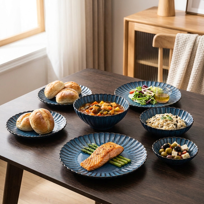 Blue ribbed ceramic dinnerware with a full meal served on a dining table, Kiyo Home 22-piece set
