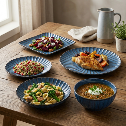 Blue ribbed ceramic plates and bowls with a dinner spread on a dining table, Kiyo Home 22-piece set