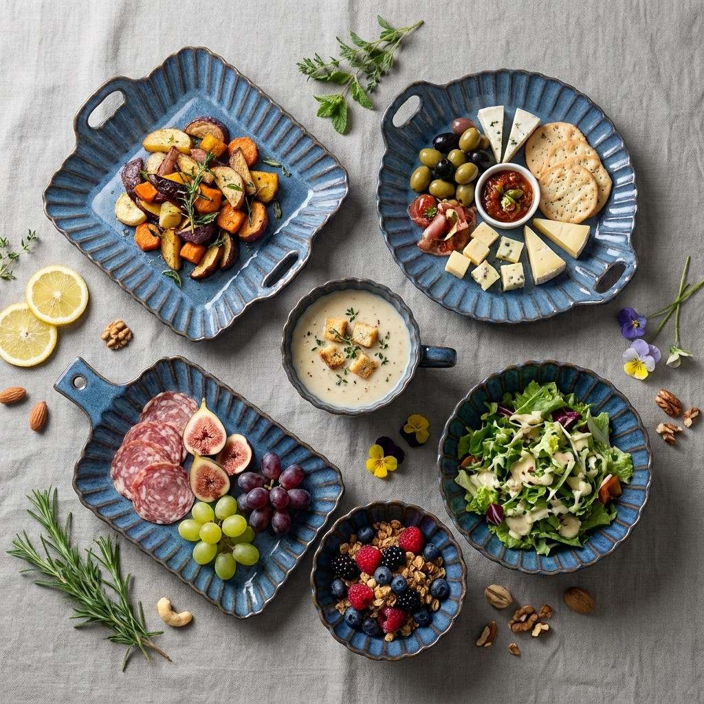 Blue ribbed ceramic serving dishes with appetizers and charcuterie for entertaining, Kiyo Home 22-piece set