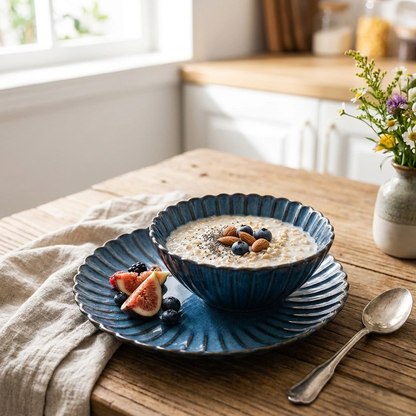 Blue ribbed ceramic bowl with oatmeal and figs on a plate, Kiyo Home 22-piece dinnerware set