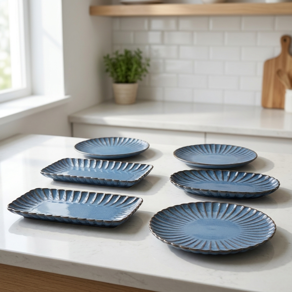 Stack of blue ribbed ceramic dinner and square plates, Kiyo Home 22-piece dinnerware set